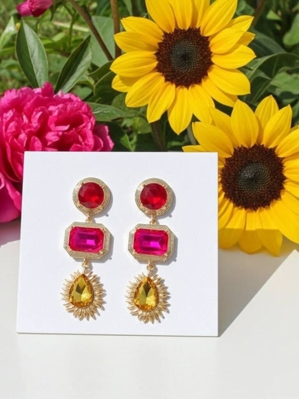 NWOT  Gold-tone Statement Earrings with Red, Pink and Yellow Gemstones